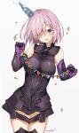  1girl armor armored_dress artist_name bangs blush breasts commentary cowboy_shot elbow_gloves english_commentary eyebrows_visible_through_hair fate/grand_order fate_(series) faulds gloves hair_over_one_eye happy_birthday hat head_tilt highres holding impossible_clothes lavender_hair looking_at_viewer mash_kyrielight medium_breasts mochii one_eye_covered open_mouth party_hat round_teeth simple_background smile solo sparkle standing teeth thigh-highs violet_eyes white_background 