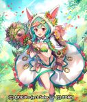  1girl animal_hood aqua_hair bad_hands belt belt_pouch blue_sky braid breasts brown_gloves clouds day gloves hair_ornament hokuyuu holding holding_weapon hood leaf_bra mace medium_breasts navel official_art outdoors petals plant red_eyes skirt sky standing standing_on_one_leg tree twin_braids vines watermark weapon white_hood white_skirt wixoss 