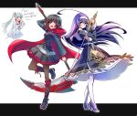  3girls blazblue:_cross_tag_battle blue_eyes boots commentary_request english frilled_skirt frills hayami_saori high_heels iesupa multicolored_hair multiple_girls myrtenaster orie_(under_night_in-birth) pantyhose purple_hair ruby_rose rwby scythe seiyuu_connection skirt sword two-tone_hair under_night_in-birth weapon weiss_schnee white_hair 