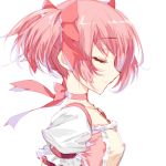  1girl bow breasts closed_eyes commentary dress ears_visible_through_hair eyebrows_visible_through_hair from_side hair_bow hair_ribbon highres kaname_madoka mahou_shoujo_madoka_magica misteor multicolored multicolored_clothes multicolored_dress pink_bow pink_hair pink_ribbon puffy_short_sleeves puffy_sleeves ribbon short_hair short_sleeves small_breasts solo tied_hair upper_body white_background 