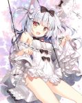  1girl :d animal_ears azur_lane bangs bare_shoulders black_bow blush bow breasts brown_eyes cat_ears center_frills commentary_request covered_navel dress eyebrows_visible_through_hair fang fingernails frilled_umbrella frills fujima_takuya hair_bow long_hair long_sleeves looking_at_viewer medium_breasts off-shoulder_dress off_shoulder open_mouth panties short_dress silver_hair sitting skirt_hold smile snowflakes solo swing torpedo_launcher two_side_up underwear very_long_hair white_bow white_dress white_panties white_umbrella wide_sleeves yukikaze_(azur_lane) 