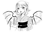  1girl alternate_costume animal_ears bangs bird_wings blush chopsticks commentary_request eyebrows_visible_through_hair greyscale head_scarf himajin_noizu holding monochrome mystia_lorelei obi okamisty open_mouth sash short_hair simple_background solo touhou upper_body white_background wings 