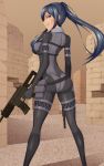  1girl :p ass assault_rifle black_hair blue_eyes bodysuit breasts dual_wielding facial_mark from_behind full_body gun half-closed_eyes highres looking_back pitohui_(sao) ponytail rifle shaito standing sword_art_online sword_art_online_alternative:_gun_gale_online tongue tongue_out weapon 