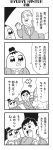  1girl 2boys 4koma anger_vein bkub blank_eyes blush chakapi clenched_hand comic formal greyscale highres honey_come_chatka!! monochrome multiple_boys necktie scrunchie shirt short_hair simple_background speech_bubble speed_lines suit sweatdrop talking topknot translation_request triangle_mouth two-tone_background 