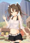  1girl :d absurdres bag bangs bare_shoulders belt belt_buckle black_legwear black_shorts blue_sky blurry blurry_background blush breasts brown_eyes brown_hair buckle building casual commentary_request cowboy_shot crop_top day eyebrows_visible_through_hair hair_between_eyes hair_ribbon hand_up highres kantai_collection long_hair looking_at_viewer midriff navel off-shoulder_shirt open_mouth outdoors ribbon shirt short_sleeves shorts shoulder_bag sky small_breasts smile solo standing thigh-highs tree twintails uzuki_tsukuyo waving white_ribbon zuikaku_(kantai_collection) 