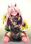  1girl ^_^ bandaged_foot bangs black_robe blush closed_eyes commentary darling_in_the_franxx eyebrows_visible_through_hair facing_viewer fingernails flower grin hair_between_eyes hair_flower hair_ornament head_tilt hood hood_down hooded_robe horns long_hair long_sleeves object_hug pink_hair red_skin robe rose smile solo spoilers sunflower sylphine very_long_hair white_flower white_rose wide_sleeves yellow_flower zero_two_(darling_in_the_franxx) 