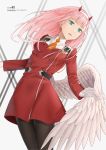  1girl ahoge1 aqua_eyes bangs black_legwear commentary_request darling_in_the_franxx eyebrows_visible_through_hair gloves hairband highres horns long_hair open_mouth orange_neckwear pantyhose pilot_suit pink_hair red_horns single_wing uniform white_gloves white_hairband white_wings wings zero_two_(darling_in_the_franxx) 