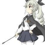  1girl anchovy anzio_(emblem) anzio_school_uniform bangs belt black_belt black_cape black_neckwear black_ribbon black_skirt cape closed_mouth commentary_request cowboy_shot dress_shirt drill_hair emblem eyebrows_visible_through_hair girls_und_panzer green_hair hair_ribbon hand_on_hip highres holding long_hair long_sleeves miniskirt necktie pantyhose pleated_skirt red_eyes ribbon riding_crop school_uniform shirt simple_background skirt smile solo standing twin_drills twintails wabiushi white_background white_legwear white_shirt wing_collar 
