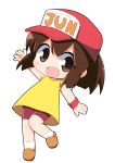  1girl :d bakusou_kyoudai_let&#039;s_&amp;_go!! bangs bare_arms bare_shoulders baseball_cap bike_shorts blush brown_eyes brown_footwear brown_hair chibi commentary_request dress eyebrows_visible_through_hair hair_between_eyes hat leaning_to_the_side long_hair looking_at_viewer open_mouth osaragi_mitama purple_shorts red_hat sagami_jun shoes short_shorts shorts simple_background sleeveless sleeveless_dress smile socks solo standing standing_on_one_leg white_background white_legwear yellow_dress 