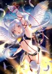  1girl angel_wings arm_up armpits breasts feathers garter_straps gloves high_heels ikezaki_misa navel open_mouth original red_eyes red_shoes ribbon short_shorts shorts silver_hair small_breasts suspenders thigh-highs twintails white_gloves white_legwear 