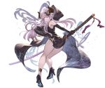  1girl bangs bare_shoulders blue_eyes breasts bug butterfly butterfly_hair_ornament draph dress elbow_gloves from_behind full_body gloves granblue_fantasy hair_ornament hair_over_one_eye high_heels holding holding_sword holding_weapon hood horns insect long_hair looking_at_viewer looking_back minaba_hideo narmaya_(granblue_fantasy) official_art parted_lips pink_hair sleeveless solo sword transparent_background weapon 