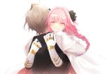  2boys astolfo_(fate) blush braid cape citron_82 commentary_request eyebrows_visible_through_hair fang fate/apocrypha fate/grand_order fate_(series) gloves grey_hair hair_between_eyes hair_ribbon highres hug long_hair male_focus medium_hair multicolored_hair multiple_boys otoko_no_ko pink_eyes pink_hair ribbon sieg_(fate/apocrypha) simple_background single_braid tears white_background white_hair 