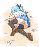  1girl black_bow black_legwear blue_hair blue_skirt bow brown_footwear commentary_request full_body hair_bow hatsunatsu loafers lying on_ground on_side original panties plaid plaid_skirt pleated_skirt ponytail shirt shoe_soles shoes short_sleeves skirt solo thigh-highs translation_request underwear white_panties white_shirt yamcha_pose 