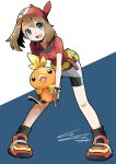  1girl :d bandanna bangs bird black_legwear black_shorts blue_background blue_eyes breasts brown_hair carrying collarbone collared_shirt eyelashes fanny_pack full_body gen_3_pokemon gloves hair_between_eyes haruka_(pokemon) io_naomichi legs_apart long_hair miniskirt open_mouth pencil_skirt poke_ball poke_ball_(generic) poke_ball_theme pokemon pokemon_(creature) pokemon_(game) pokemon_rse red_bandana red_footwear red_shirt shirt shoes short_sleeves shorts shorts_under_skirt skirt small_breasts smile socks solo standing teeth tongue torchic two-tone_background white_background white_skirt 