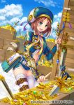  1girl :d arm_belt belt blue_eyes blue_sky blush box bracer brown_hair clouds coin crate day dutch_angle feathers gem glint gold_bar hat index_finger_raised knife marco_polo_(rebellion) medium_hair official_art open_mouth original otosume_ruiko outdoors planted_weapon pouch puffy_sleeves scepter short_shorts shorts sky smile sparkle statue sword thigh_strap treasure weapon white_legwear 