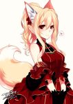  1girl animal_ears bare_shoulders black_gloves blonde_hair blush bow closed_mouth commentary_request dated dress fox_ears fox_tail gloves hair_between_eyes hair_bow heart konshin layered_dress looking_at_viewer original ponytail red_bow red_dress red_eyes signature smile solo spoken_heart tail upper_body white_background 