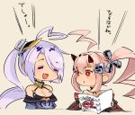  2girls :d :o =_= ahoge anchor azur_lane bangs bikini_top black_bikini_top blush breasts bright_pupils cleavage closed_eyes commentary_request eyebrows eyebrows_visible_through_hair fang hair_between_eyes hair_ornament halter_top halterneck headgear holding horns huge_ahoge ikazuchi_(azur_lane) long_hair long_sleeves looking_at_another medium_breasts mitsudomoe_(shape) mota multiple_girls no_nose oni_horns open_mouth pink_hair portland_(azur_lane) red_eyes side_ponytail smile tomoe_(symbol) tongue translation_request upper_body 