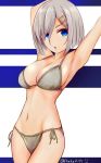  1girl armpits arms_up bikini blue_eyes blue_stripes breasts cowboy_shot franz_(217franz) hair_ornament hair_over_one_eye hairclip hamakaze_(kantai_collection) highres kantai_collection large_breasts looking_at_viewer navel open_mouth short_hair side-tie_bikini silver_bikini silver_hair simple_background solo swimsuit twitter_username white_background 