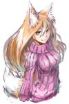  1girl animal_ears blonde_hair commentary_request fang fang_out fox_ears fox_tail jaco long_hair long_sleeves looking_at_viewer original pink_sweater ribbed_sweater simple_background slit_pupils smile solo sweater tail upper_body white_background yellow_eyes 