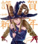  1girl animal_ears black-framed_eyewear blonde_hair braid broom chinese_zodiac closed_mouth commentary_request dated dress glasses hair_ribbon hat holding horizontal_pupils horns horns_through_headwear jaco long_hair long_sleeves looking_at_viewer original purple_dress purple_hat red_ribbon ribbed_dress ribbon round_eyewear signature solo tress_ribbon twin_braids upper_body witch witch_hat year_of_the_goat yellow_eyes 