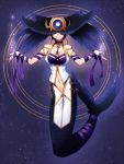  1girl breasts commentary_request covered_eyes earrings facing_viewer full_body head_wings headpiece jewelry konshin large_breasts magic_circle mermaid monster_girl navel necklace original outstretched_arms purple_background smile solo spread_arms 