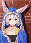  1girl absurdres animal_ears bangs beltbra closed_mouth ears_through_headwear fingernails fur_trim hand_up highres hood hood_up jaco looking_at_viewer nail_polish original rabbit_ears red_eyes red_nails short_hair sleeves_past_wrists solo upper_body white_hair 