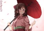  1girl bow brown_hair cherry_blossoms drill_hair ebifurya hair_bow hakama harukaze_(kantai_collection) japanese_clothes kantai_collection kimono looking_at_viewer meiji_schoolgirl_uniform oriental_umbrella petals pink_kimono red_bow red_eyes red_hakama red_umbrella solo twin_drills twitter_username umbrella upper_body white_background 