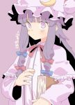  1girl banana_takemura book bow capelet crescent crescent_hair_ornament dress hair_ornament hair_ribbon hat highres holding holding_book long_hair looking_at_viewer mob_cap patchouli_knowledge purple_background purple_hair red_bow ribbon striped striped_dress touhou violet_eyes 