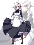  1girl aika_(konshin) apron black_dress blush boots brown_footwear closed_mouth commentary_request dress fox frilled_dress frills grey_hair hair_over_one_eye hand_up juliet_sleeves konshin long_sleeves looking_at_viewer maid maid_apron maid_headdress one_eye_covered original pigeon-toed puffy_sleeves solo white_apron white_background zoom_layer 