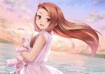  1girl :d bangs bare_arms blush bow brown_hair clouds commentary_request dress dutch_angle eyebrows_visible_through_hair hair_bow hairband horizon idolmaster idolmaster_(classic) long_hair looking_at_viewer looking_to_the_side minase_iori miri_(ago550421) mountain object_hug ocean open_mouth outdoors pink_dress red_bow red_eyes red_hairband signature sky sleeveless sleeveless_dress smile solo stuffed_animal stuffed_bunny stuffed_toy swept_bangs very_long_hair water 