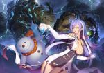  1girl :o blue_eyes breasts bridal_gauntlets cleavage garter_straps golem isabelle_(shadowverse) large_breasts long_hair magic multicolored_hair official_art open_mouth purple_hair shadowverse snowman solo two-tone_hair white_hair zimajiang 
