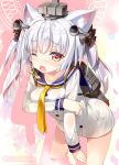  1girl ;o animal_ears ass azur_lane bangs between_legs black_bow blue_sailor_collar blush bow breasts buttons cat_ears collarbone commentary_request cosplay cowboy_shot dress eyebrows eyebrows_visible_through_hair eyelashes fang fujima_takuya furrowed_eyebrows hair_between_eyes hair_bow hair_ornament hair_ribbon hand_between_legs kantai_collection leaning_forward legs_apart long_hair long_sleeves medium_breasts namesake neckerchief nose_blush one_eye_closed open_mouth red_eyes ribbon sailor_collar sailor_dress short_dress silhouette silver_hair solo speaking_tube_headset standing tears twintails twitter_username wet white_dress yellow_neckwear yellow_pupils yukikaze_(azur_lane) yukikaze_(kantai_collection) yukikaze_(kantai_collection)_(cosplay) 