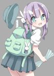  1girl :d absurdres backpack bag bangs blue_hat blue_skirt blush bunny_hair_ornament commentary_request eyebrows_visible_through_hair green_eyes grey_background hair_between_eyes hair_ornament hamada_pengin hat hat_removed head_tilt headwear_removed highres holding long_hair looking_at_viewer looking_back open_mouth original pleated_skirt puffy_short_sleeves puffy_sleeves shirt short_sleeves sidelocks simple_background skirt smile solo sweater_vest twintails violet_eyes white_shirt wing_hair_ornament 