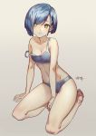  1girl absurdres anson_(13686564308) aqua_eyes barefoot between_legs bikini blue_bikini blue_hair breasts collarbone darling_in_the_franxx hair_ornament hairclip hand_between_legs highres ichigo_(darling_in_the_franxx) short_hair signature sitting small_breasts soles solo strap_slip swimsuit 