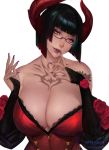  1girl black_hair breasts bridal_gauntlets brown_eyes chest_tattoo cleavage eliza_(tekken) finger_to_mouth flower glasses gtunver highres horns large_breasts nail_polish purple_nails rose simple_background smile solo tattoo tekken tekken_7 upper_body vampire white_background 