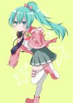  1girl :&lt; absurdres aqua_hair black_neckwear blue_eyes blush boots bow collared_shirt commentary_request diagonal_stripes green_background green_bow grey_skirt hair_bow hamada_pengin hand_up hatsune_miku headphones headphones_around_neck high_ponytail highres hood hood_down hooded_jacket jacket long_hair long_sleeves looking_at_viewer looking_to_the_side necktie open_clothes open_jacket parted_lips pink_bow pink_footwear pink_jacket pleated_skirt ponytail school_uniform shirt simple_background skirt sleeves_past_wrists solo standing standing_on_one_leg star striped striped_neckwear thigh-highs triangle_mouth vocaloid white_legwear white_shirt 