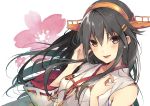  1girl bangs bare_shoulders black_hair blush breasts brown_eyes detached_sleeves eyebrows_visible_through_hair hair_between_eyes hair_ornament hairband hairclip hand_in_hair hand_up hario_4 haruna_(kantai_collection) headgear highres japanese_clothes kantai_collection large_breasts long_hair looking_at_viewer nontraditional_miko open_mouth remodel_(kantai_collection) sidelocks skirt smile solo upper_body wide_sleeves 