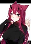  :3 =_= ahoge animal_ears black_eyes black_sweater blush breasts closed_eyes closed_mouth dated embarrassed facial_mark flying_sweatdrops heart heterochromia horns konshin large_breasts letterboxed long_hair looking_at_viewer original pink_eyes redhead ribbed_sweater signature smile sweater 