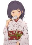  1girl bangs black_hair blunt_bangs blush covering_mouth fan floral_print folding_fan highres holding holding_fan japanese_clothes kimono looking_away obi original red_eyes sash sidelocks simple_background solo sonri upper_body wide_sleeves 