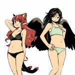  2girls animal_ears arm_behind_head bird_wings black_bra black_eyes black_hair black_panties black_wings blush bra breast_envy breasts cat_ears cat_tail closed_mouth flat_chest green_panties hair_down hand_on_hip kaenbyou_rin long_hair looking_at_another medium_breasts multiple_girls multiple_tails navel panties pointy_ears redhead reiuji_utsuho simple_background smile standing tail touhou underwear white_background wings yudepii 