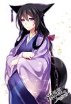  1girl animal_ears bangs black_hair bow commentary_request dated fox_ears fox_tail hair_between_eyes hair_bow hair_ornament japanese_clothes kimono konshin long_hair long_sleeves looking_at_viewer original pregnant purple_kimono red_bow signature smile solo standing tail very_long_hair violet_eyes wide_sleeves 