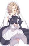  1girl azur_lane blush brown_hair closed_mouth cross cup eyebrows_visible_through_hair garter_straps highres holding holding_cup holding_plate izumo_neru long_sleeves looking_at_viewer maid maid_headdress plate ribbon sheffield_(azur_lane) short_hair simple_background solo teacup thigh-highs white_legwear white_ribbon yellow_eyes 