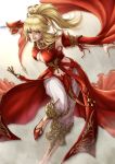  1girl :o arm_blade blonde_hair blue_eyes breasts cleavage commentary_request detached_sleeves earrings final_fantasy final_fantasy_xiv gauntlets highres jewelry large_breasts leg_up long_hair lyse_hext necklace ponytail ryou_(pix_gallerio) single_gauntlet solo weapon 