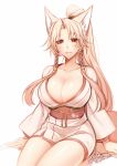  1girl :d animal_ears bangs blonde_hair blush breasts cleavage dated fox_ears fox_tail huge_breasts konshin long_hair long_sleeves looking_at_viewer obi open_mouth original parted_bangs parted_lips ponytail red_eyes sash signature sitting smile solo tail very_long_hair 