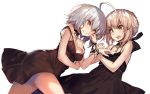  2girls ahoge akieda artoria_pendragon_(all) bare_shoulders blank_eyes breasts brown_hair cheek_pinching chemise choker cleavage clenched_teeth dutch_angle eyebrows_visible_through_hair fate/grand_order fate_(series) flat_chest hair_between_eyes jeanne_d&#039;arc_(alter)_(fate) jeanne_d&#039;arc_(fate)_(all) medium_breasts multiple_girls open_mouth pinching pointing ribbon ribbon_choker saber_alter short_hair silver_hair simple_background strap_slip tears teeth underwear underwear_only v-shaped_eyebrows white_background wrist_ribbon yellow_eyes 