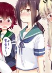  3girls akane_souichi bangs black_hair black_ribbon blonde_hair blue_jacket blue_neckwear blue_sailor_collar blunt_bangs blush brown_eyes brown_hair crescent crescent_moon_pin crying crying_with_eyes_open eyebrows_visible_through_hair fubuki_(kantai_collection) gradient_hair green_sailor_collar hair_ribbon jacket kantai_collection long_hair looking_down low_ponytail multicolored_hair multiple_girls mutsuki_(kantai_collection) neckerchief ponytail red_neckwear redhead remodel_(kantai_collection) ribbon sailor_collar school_uniform serafuku short_hair short_ponytail sidelocks standing straight_hair tears translation_request trembling upper_body wavy_mouth yuudachi_(kantai_collection) 