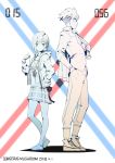  1boy 1girl absurdres artist_name charm_(object) clothes_writing collared_shirt contrapposto darling_in_the_franxx dated eyebrows_visible_through_hair glasses gorgeous_mushroom gorou_(darling_in_the_franxx) hair_ornament hairclip hand_up height_difference highres ichigo_(darling_in_the_franxx) limited_palette looking_at_viewer necktie pants pleated_skirt popped_collar profile revision shirt shoes short_hair skirt smile standing watch watch wing_collar 