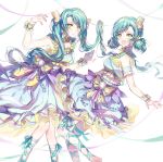  2girls :d :| alternate_hairstyle ankle_lace-up aqua_hair aqua_ribbon arm_cuffs bang_dream! bow butterfly_hair_ornament choker closed_mouth cross-laced_footwear double_bun dress frilled_dress frills green_eyes hair_bow hair_ornament hikawa_hina hikawa_sayo light_frown looking_at_viewer multicolored_bow multiple_girls nennen open_mouth ribbon sash siblings sisters smile striped striped_bow transparent_sleeves twins twintails wrist_bow wrist_cuffs 