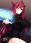  1girl animal_ears bangs black_dress black_eyes breasts commentary_request dated dress hand_up heterochromia holographic_interface konshin large_breasts long_hair long_sleeves looking_at_viewer original parted_lips pink_eyes redhead short_dress signature solo 