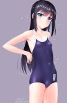  1girl asashio_(kantai_collection) black_hair blue_eyes blue_swimsuit breasts competition_school_swimsuit cowboy_shot grey_background kantai_collection kanzaki_muyu long_hair looking_at_viewer school_swimsuit simple_background small_breasts solo standing swimsuit 